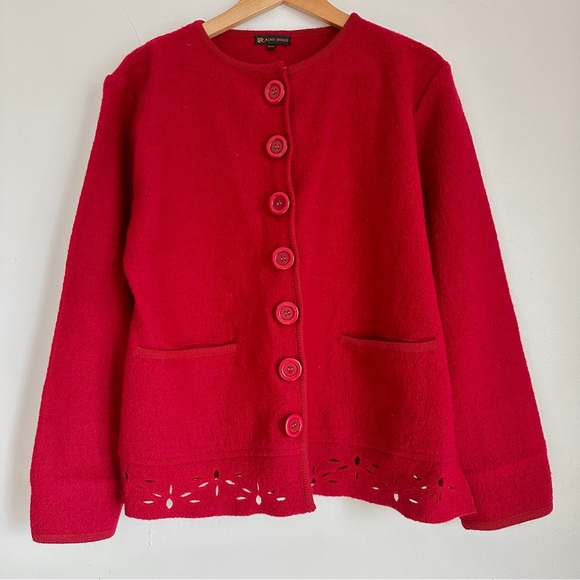 VINTAGE RINO ROSSI RED ROSE BOILED WOOL CUT OUT HEM CARDIGAN SWEATER JACKET M - Picture 4 of 8